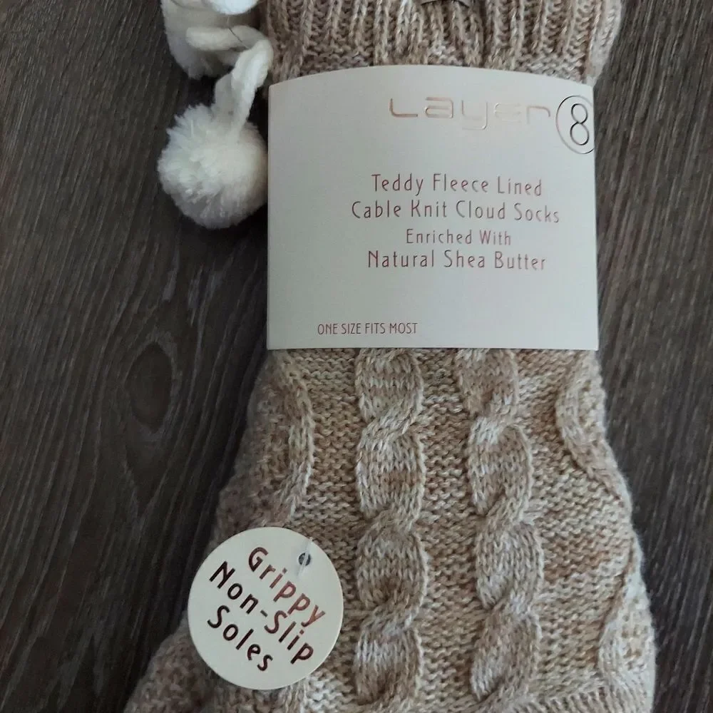 NEW Layer 8 Teddy Fleece Lined Cable Knit Cloud Socks Enriched With Shea Butter